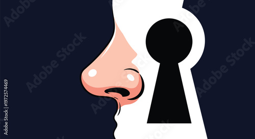 Profile of a human nose and mouth is seen through a white keyhole shape against a dark background representing curiosity and voyeurism.