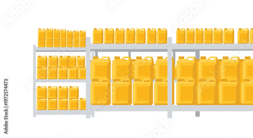 Systematic rows of vibrant yellow plastic canisters stored on sturdy grey industrial warehouse shelving units under bright and even lighting conditions.