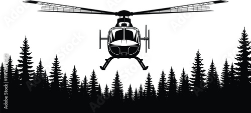 Helicopter silhouette hovering above dense conifer forest, black and white vector illustration showing rotor blades, landing skids, aviation technology and natural landscape contrast