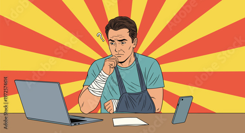 Injured man with a bandaged arm in a sling and a head bandage looks worriedly at his laptop screen against a vibrant sunburst background.