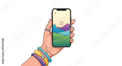 Person wearing colorful bracelets holds a smartphone displaying a vibrant and winding path through a colorful mountain landscape.
