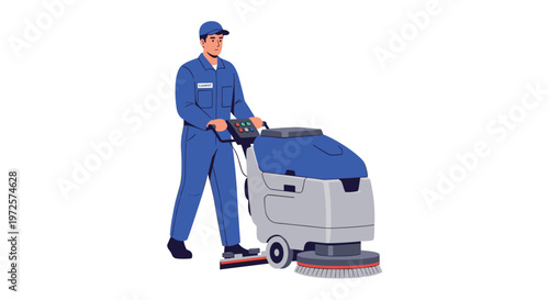 Diligent professional janitor wearing a blue work uniform and cap operates a large industrial floor scrubbing machine across a clean white studio space.