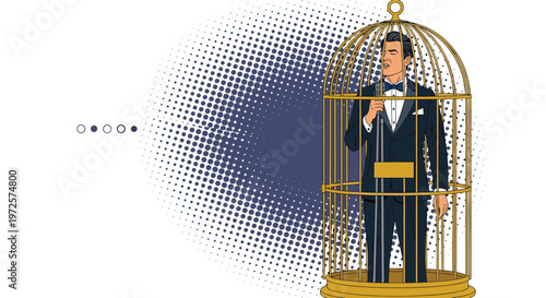 Elegant man in a tuxedo sings into a vintage microphone while being trapped inside a large golden birdcage on a dotted background.