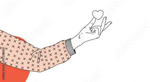Hand wearing a patterned sweater reaches up to touch a small white heart floating in the upper right corner of the image.
