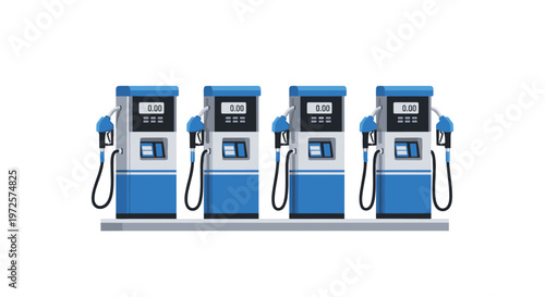 Four modern digital fuel dispensers with blue nozzles and clear display screens stand in a perfect row at a contemporary commercial gas station setting.