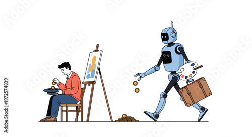 Depressed human artist sits by his easel while a modern robot artist walks away carrying a briefcase and a palette full of money.