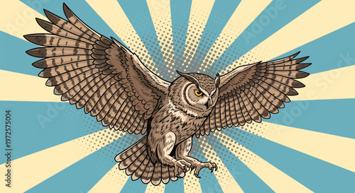 Majestic owl with large spread wings is captured in a detailed pop art illustration soaring against a blue and yellow sunburst background.