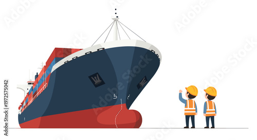 Two professional port inspectors wearing yellow hard hats and orange safety vests stand on the dock observing a massive blue and red container vessel.