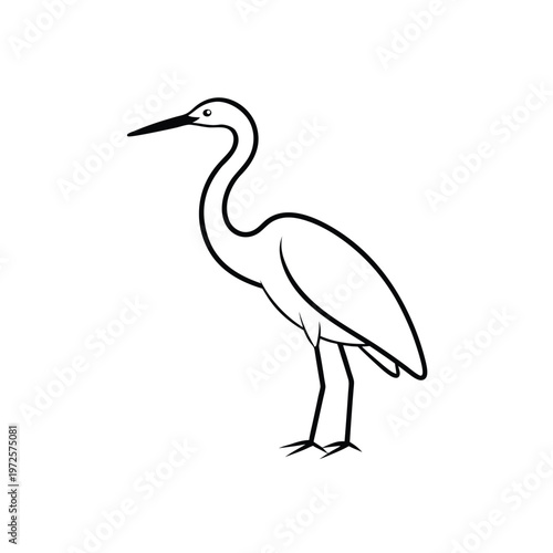 Minimalist black and white vector illustration of a graceful great egret standing in profile.