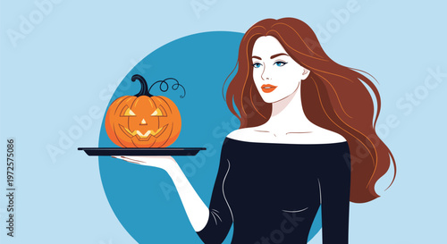 Mysterious woman with long flowing hair holds a black tray featuring a glowing carved Halloween pumpkin against a blue circular backdrop.