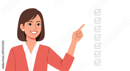 A cheerful professional woman wearing a coral cardigan points toward a series of completed checkmarks against a clean white background with soft lighting.