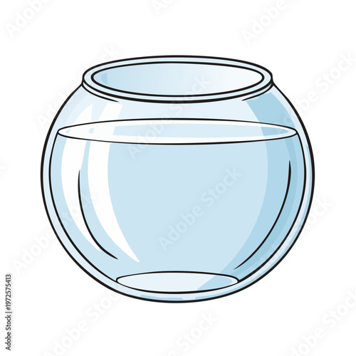 Empty round glass fishbowl filled with clear water, isolated illustration
