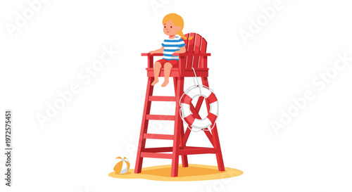 A small blonde girl wearing a blue striped shirt sits attentively on a tall red wooden lifeguard tower beside a white lifebuoy on golden beach sand.