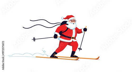 Jolly Santa Claus in his traditional red and white suit skis down a snowy mountain slope with speed and grace during the winter season.