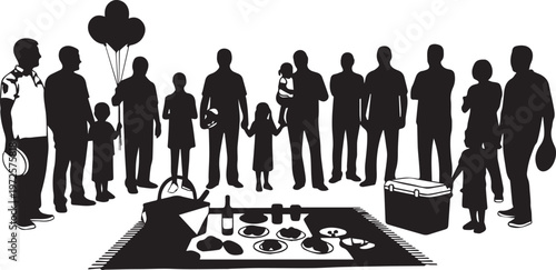 Family picnic vector silhouette illustration line art group of people outdoor activity