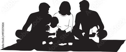 Family sitting together outdoors silhouette vector illustration line art black and white