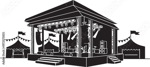 Festival stage vector silhouette illustration line art for outdoor live music performance