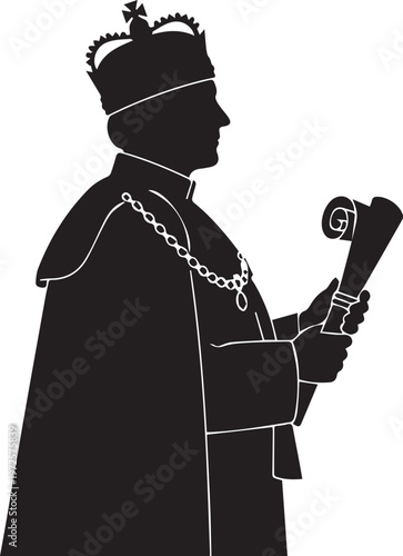 King silhouette vector illustration line art holding scroll wearing crown and royal chain