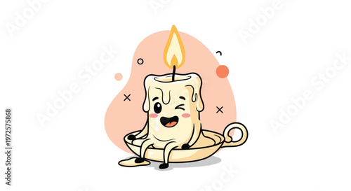 Adorable winking candle character sitting in a gold holder with a warm flame and melting wax on a soft background.