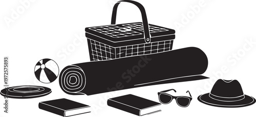 Picnic basket and accessories silhouette vector illustration