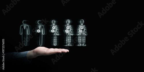 Business AI disruption and automated work concept. Graphic of a human transforming into a robot. Job replacement, workforce transformation, and automation through artificial intelligence technology.