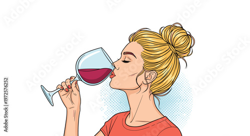 Stylish profile of a woman with her hair in a bun drinking a glass of red wine against a light halftone background.