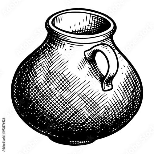 Vintage woodcut illustration of a traditional clay pot or ceramic jug with handle