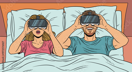 Young couple lying in bed and using virtual reality headsets to explore digital worlds in a modern bedroom setting.