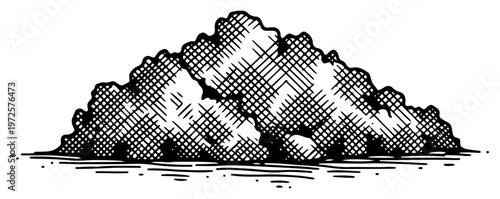 Vintage engraving style illustration of a mountain ridge reflected on calm water surface