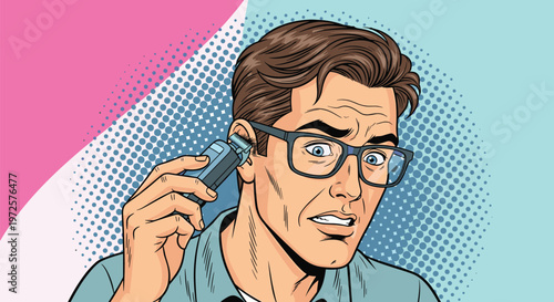 Man with glasses looking shocked while using an electric trimmer to remove hair from his ear against a colorful background.