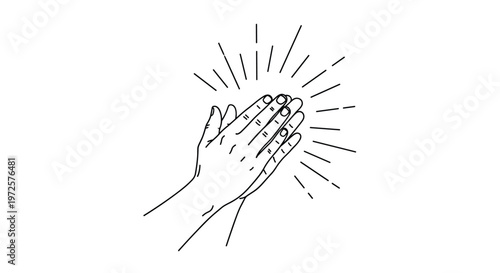 Simple line drawing of two hands clapping with radiating lines indicating sound or applause on a white background for praise.