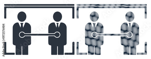 Two stylized figures maintain distance, illustrating social distancing or personal space.