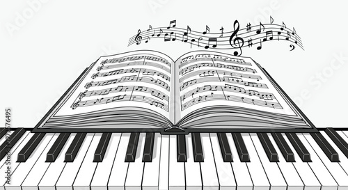 Grand piano keyboard with an open book of sheet music and musical notes floating in the air in a clean line art style.