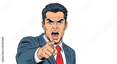 Angry businessman in a suit and tie shouting and pointing his finger directly at the viewer on a white background.