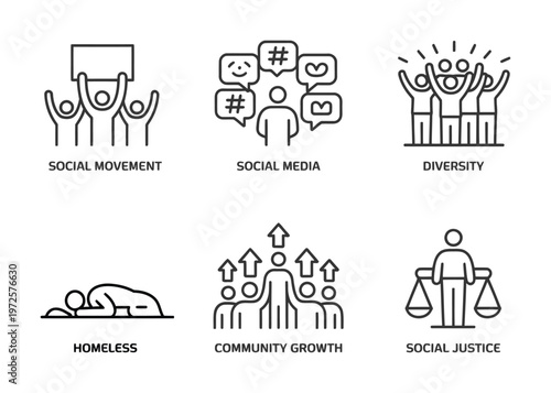 Vector graphic illustration featuring six distinct icons representing social issues and community concepts in a clean design