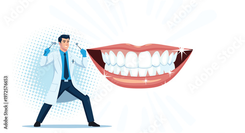 Enthusiastic dentist in a lab coat and blue gloves holding dental tools next to a giant set of shiny white teeth.