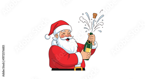 Smiling Santa Claus opening a bottle of champagne with bubbles and cork flying out in a celebratory gesture.