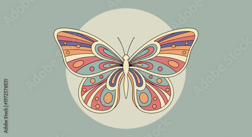 Symmetrical butterfly with colorful patterned wings in a vintage style against a circular background for nature art.