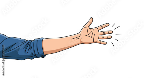 Hand with palm open and fingers spread out in a waving or stopping gesture against a white background for friendly greeting.