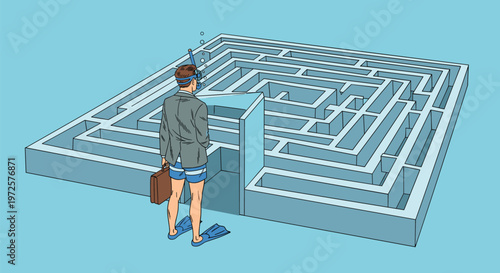 Businessman in a suit and swim fins standing at the entrance of a giant maze with bubbles floating above him.