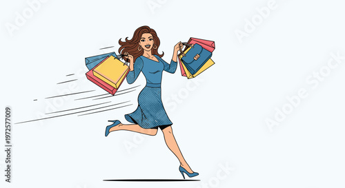 Excited woman in a blue dress running with many colorful shopping bags in her hands against a light background.