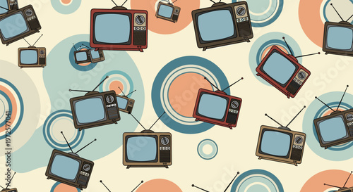 Colorful pattern of retro televisions floating over a background of concentric circles in vintage blue and orange tones.