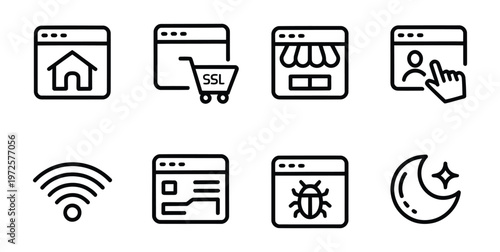 Vector graphic illustration of various website and internet related icons in a simple modern design style