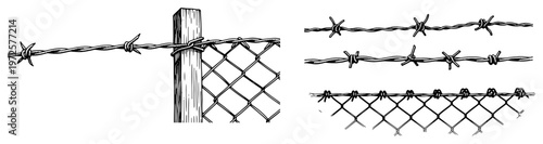 Set of hand drawn barbed wire elements and chain link fence sections in vintage engraving style