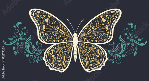 Large ornate butterfly with intricate cream colored patterns on its wings, flanked by teal floral flourishes on dark backdrop.