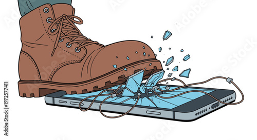 Close up view of a heavy brown leather work boot crushing a modern smartphone with glass fragments flying through the air.