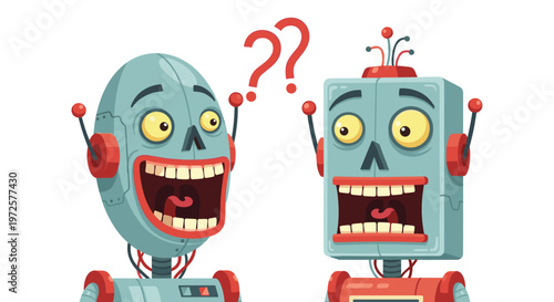 Two quirky vintage style robots with large open mouths and surprised expressions standing next to floating red question marks.