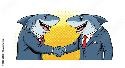 Surreal illustration of two sharks wearing business suits and ties shaking hands against a yellow halftone circle background.