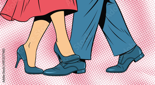 Close up of a man and woman dancing with focus on their stylish blue shoes and the movement of their legs on a pink background.