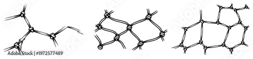 Hand drawn vintage engraving style illustration of various knotted rope nets and fishing net fragments